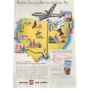 Vintage United Air Lines Vacation Map Ad Advertisement